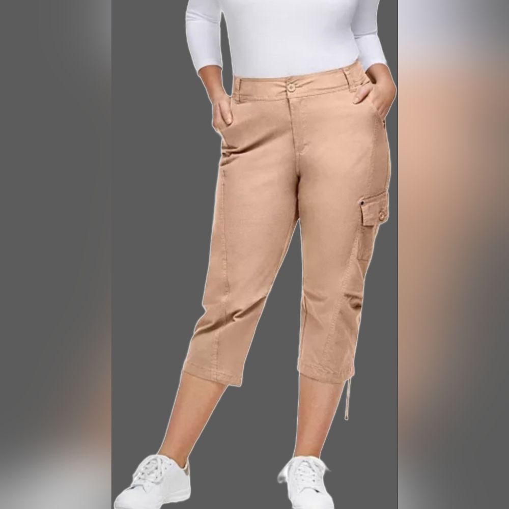 Ellos Women's Plus Size Tan Cargo Capri Pants Stretch Cotton 22W